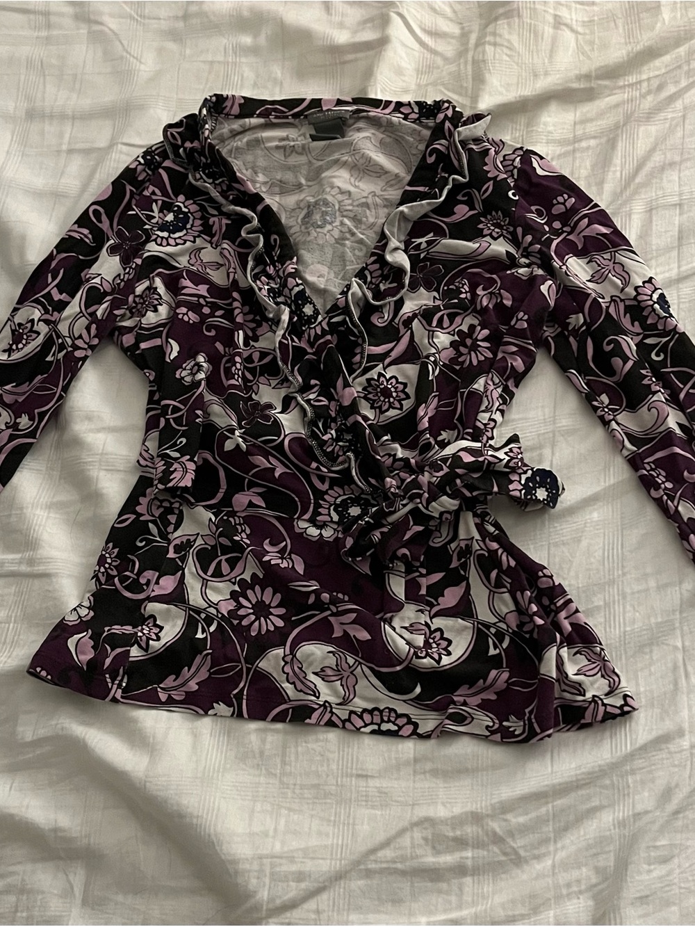 Ann Taylor Purple Floral Ruffle Wrap Blouse